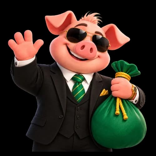 Mascote do Bufunfa: um porquinho sorridente acenando e segurando um saco de dinheiro